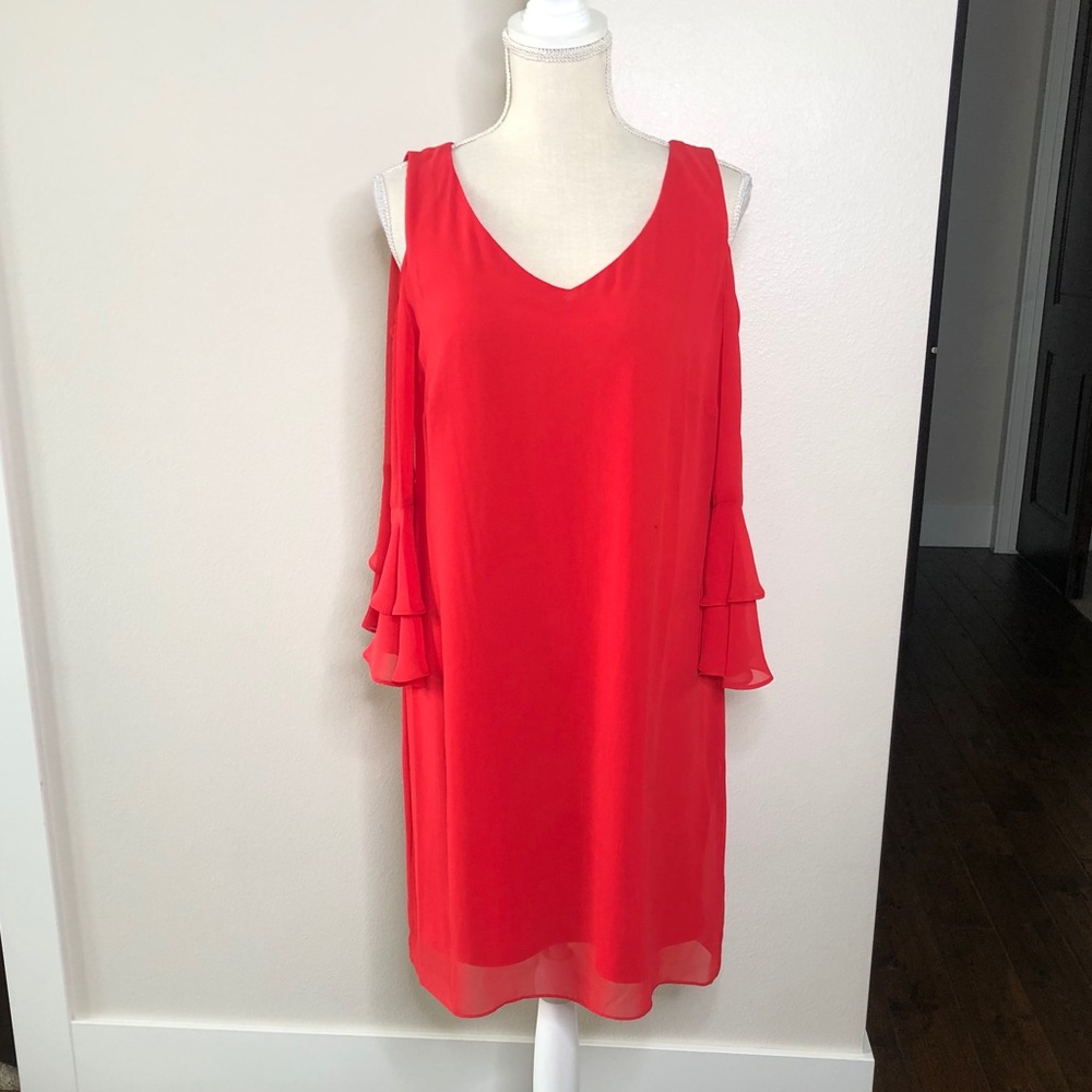 EUC MSK red chiffon dress w/ cold shoulder sleeve